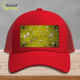 Yellow White Dragonfly Oil Rubbed Novelty License Plate Hat Mesh / Red