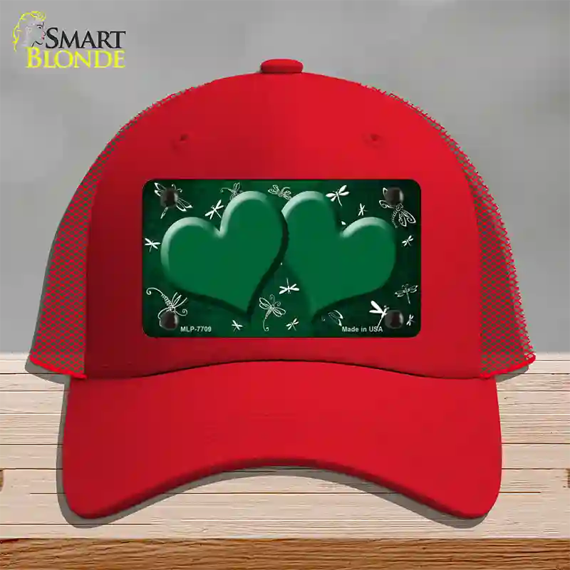 Green White Dragonfly Hearts Oil Rubbed Novelty License Plate Hat Mesh / Red