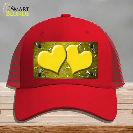 Yellow White Dragonfly Hearts Oil Rubbed Novelty License Plate Hat Mesh / Red