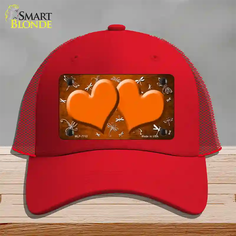 Orange White Dragonfly Hearts Oil Rubbed Novelty License Plate Hat Mesh / Red