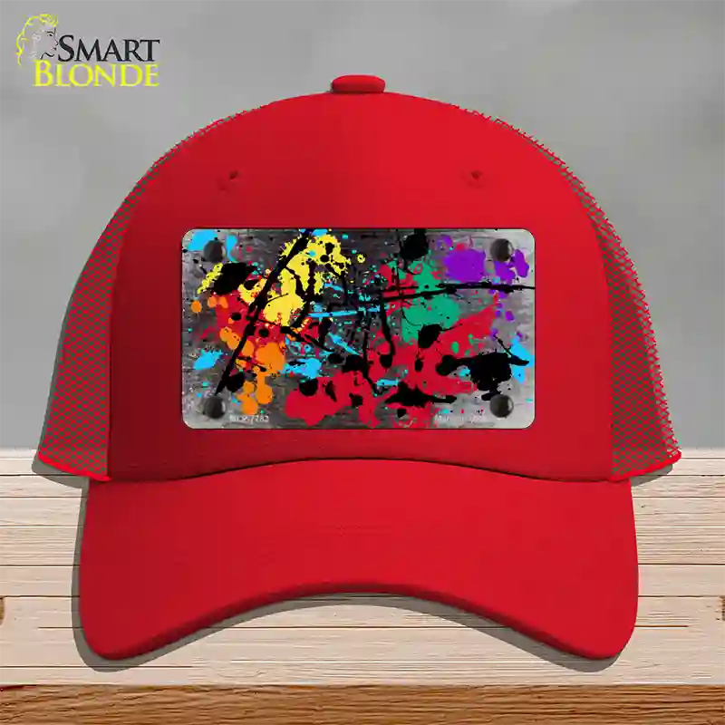 Black White Splatter Oil Rubbed Novelty License Plate Hat Mesh / Red