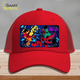 Blue Splatter Oil Rubbed Novelty License Plate Hat Mesh / Red