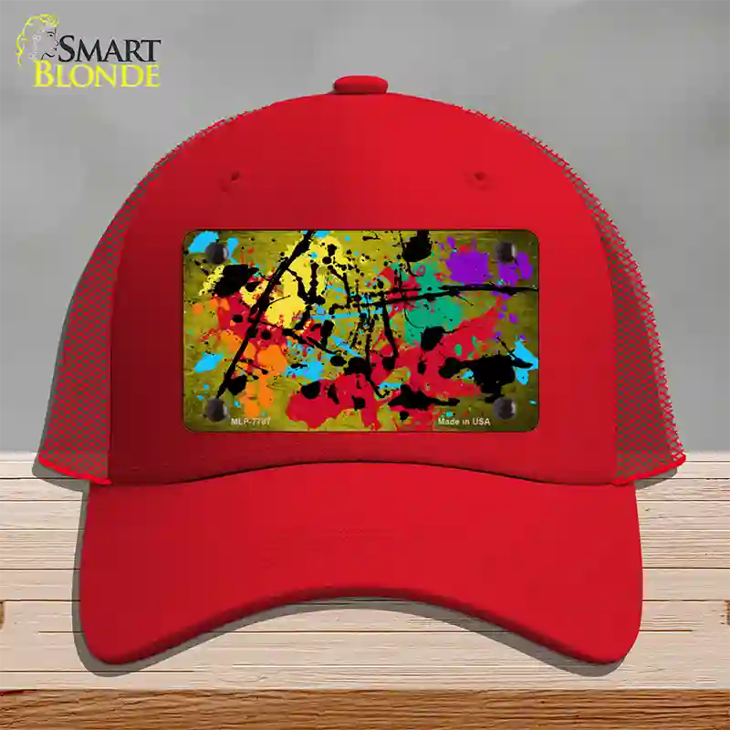 Yellow Splatter Oil Rubbed Novelty License Plate Hat Mesh / Red