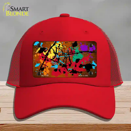 Orange Splatter Oil Rubbed Novelty License Plate Hat Mesh / Red