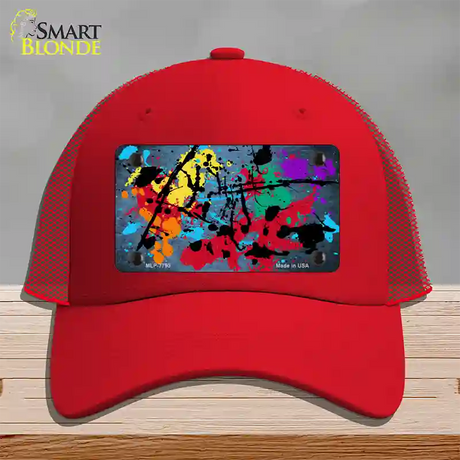 Light Blue Splatter Oil Rubbed Novelty License Plate Hat Mesh / Red