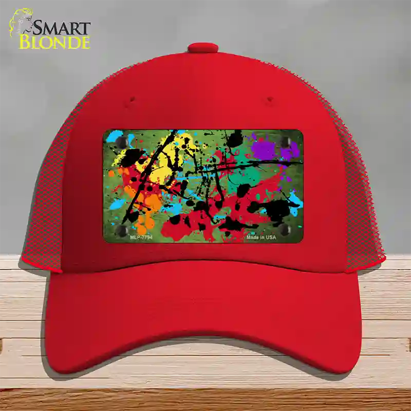 Lime Green Splatter Oil Rubbed Novelty License Plate Hat Mesh / Red