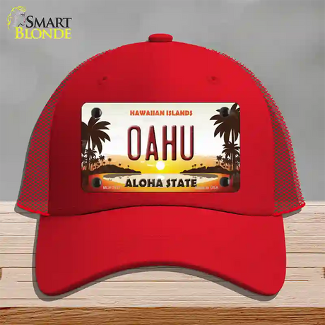 Oahu Hawaiian Islands Novelty License Plate Hat Mesh / Red