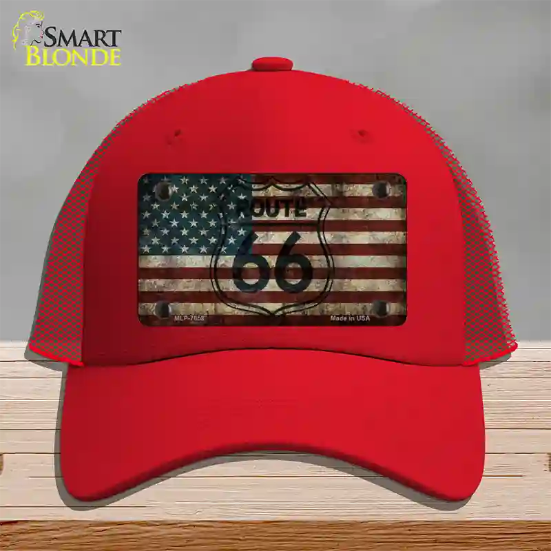 Route 66 American Flag Transparent Novelty License Plate Hat Mesh / Red