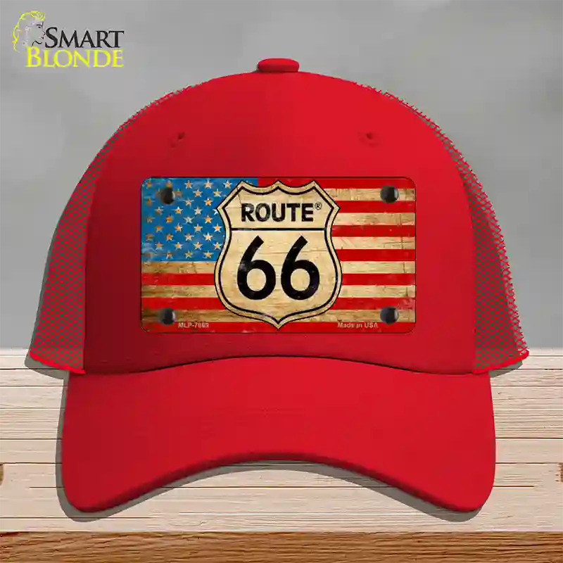 Route 66 American Flag Novelty License Plate Hat Mesh / Red