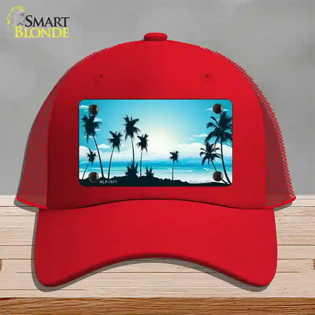 Sunset Blue Novelty License Plate Hat Mesh / Red