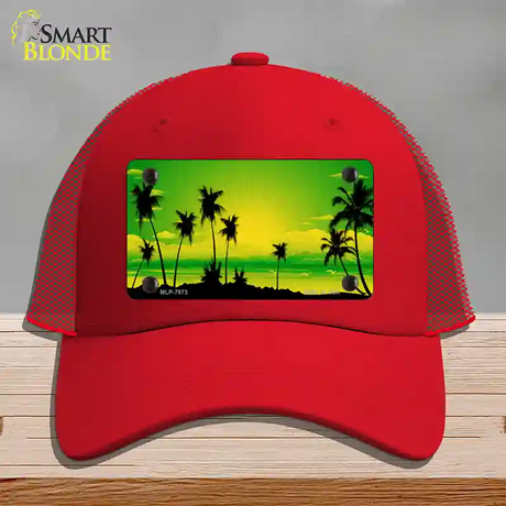 Sunset Yellow Green Novelty License Plate Hat Mesh / Red