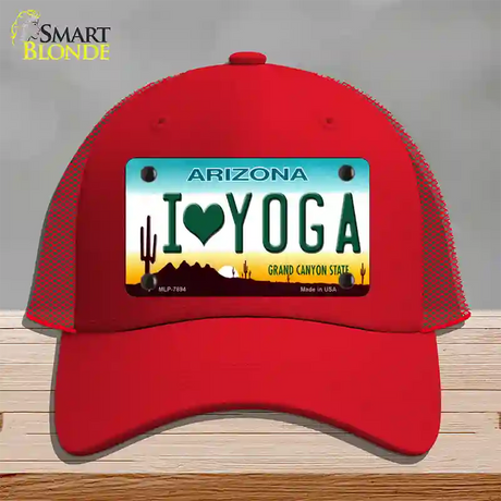 I Love Yoga Novelty License Plate Hat Mesh / Red