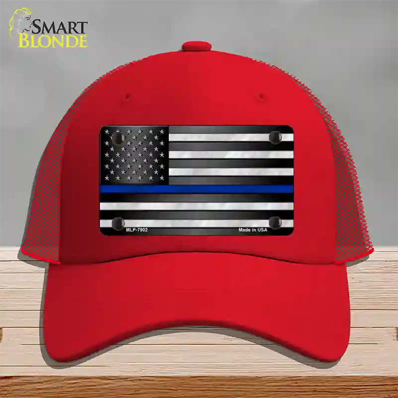 American Flag Thin Blue Line Novelty License Plate Hat Mesh / Red