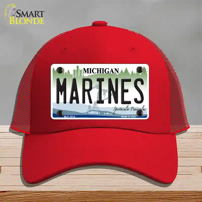 Marines Michigan Novelty License Plate Hat Mesh / Red