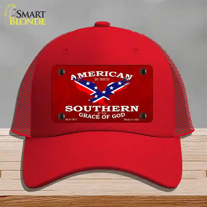 American By Birth Novelty License Plate Hat Mesh / Red