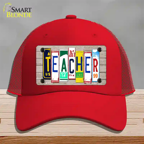 Teacher Wood License Plate Art Novelty License Plate Hat Mesh / Red