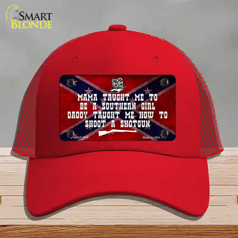 Mama Taught Me Novelty License Plate Hat Mesh / Red