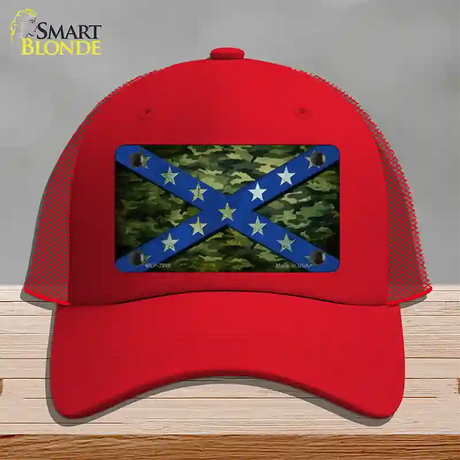 Confederate Stripes Blue Camo Novelty License Plate Hat Mesh / Red