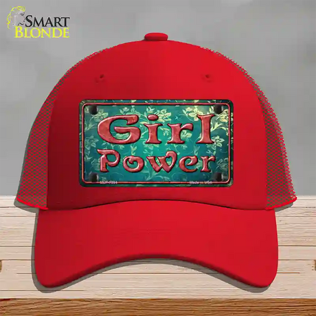 Girl Power Flower Novelty License Plate Hat Mesh / Red