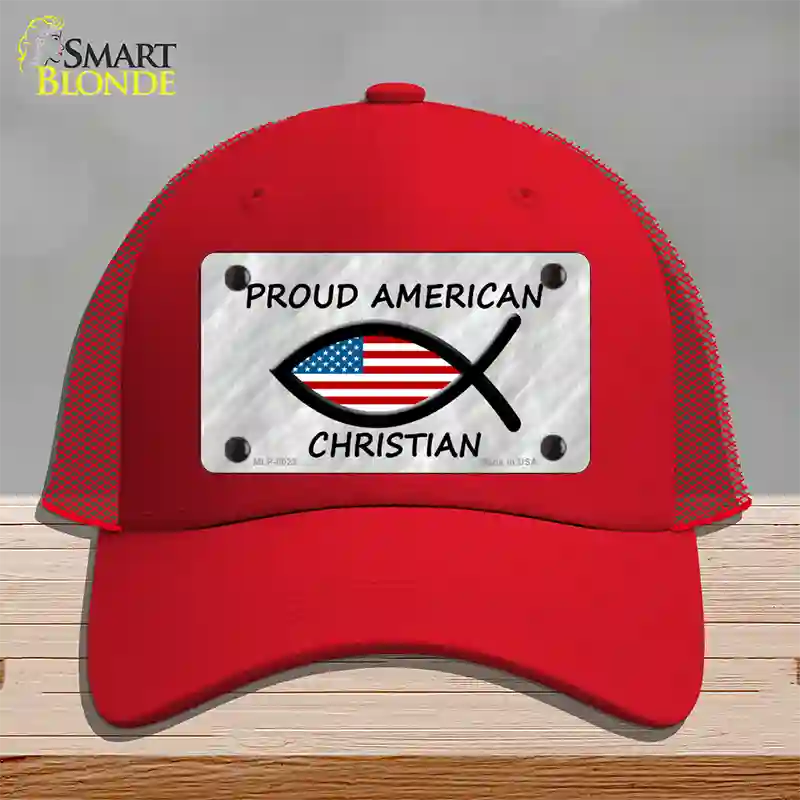 Proud American Christian Novelty License Plate Hat Mesh / Red