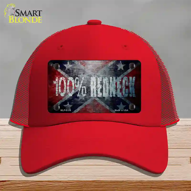 100% Redneck Confederate Novelty License Plate Hat Mesh / Red