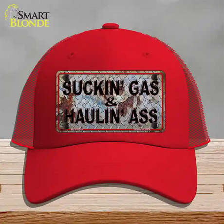 Suckin Gas Haulin Ass Vintage Novelty License Plate Hat Mesh / Red