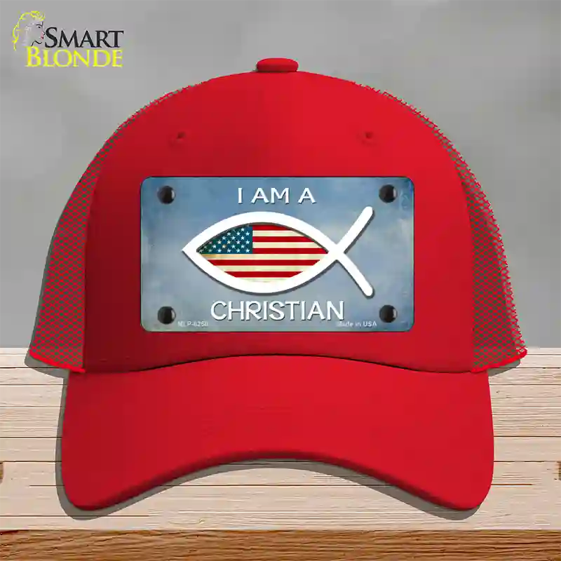 I Am A Christian Novelty License Plate Hat Mesh / Red