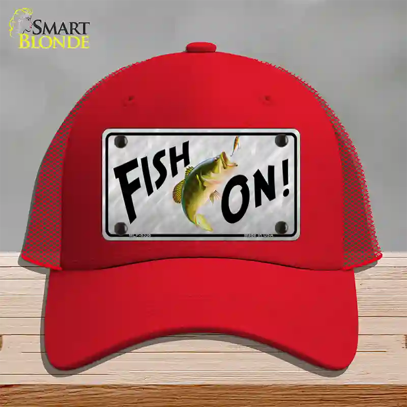 Fish On Novelty License Plate Hat Mesh / Red