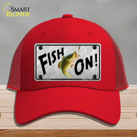 Fish On Novelty License Plate Hat Mesh / Red