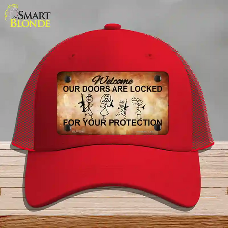 Doors Locked Your Protection Novelty License Plate Hat Mesh / Red