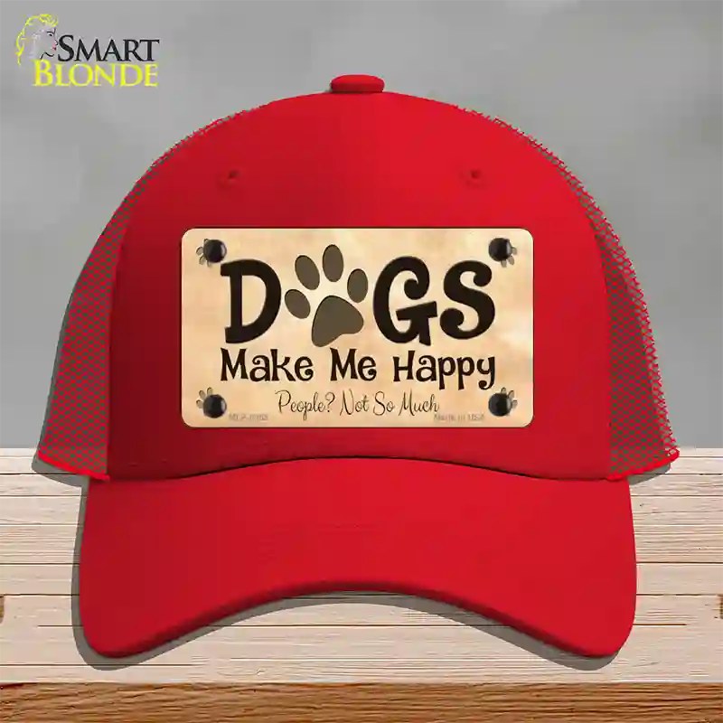 Dogs Make Me Happy Novelty License Plate Hat Mesh / Red