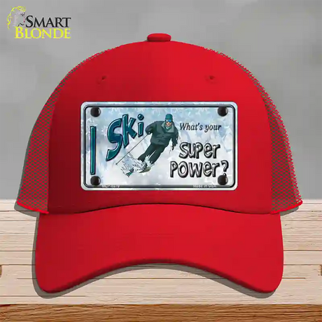 I Ski What's Your Super Power Male Novelty License Plate Hat Mesh / Red