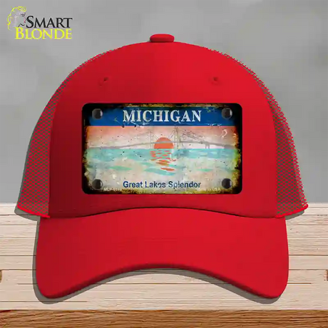 Michigan Rusty State Novelty License Plate Hat Mesh / Red