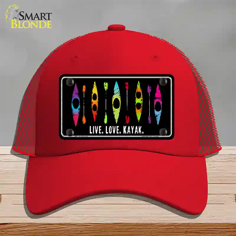 Live Love Kayak Novelty License Plate Hat Mesh / Red