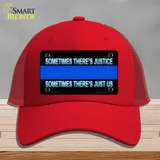 Sometimes Theres Justice Blue Line Novelty License Plate Hat Mesh / Red