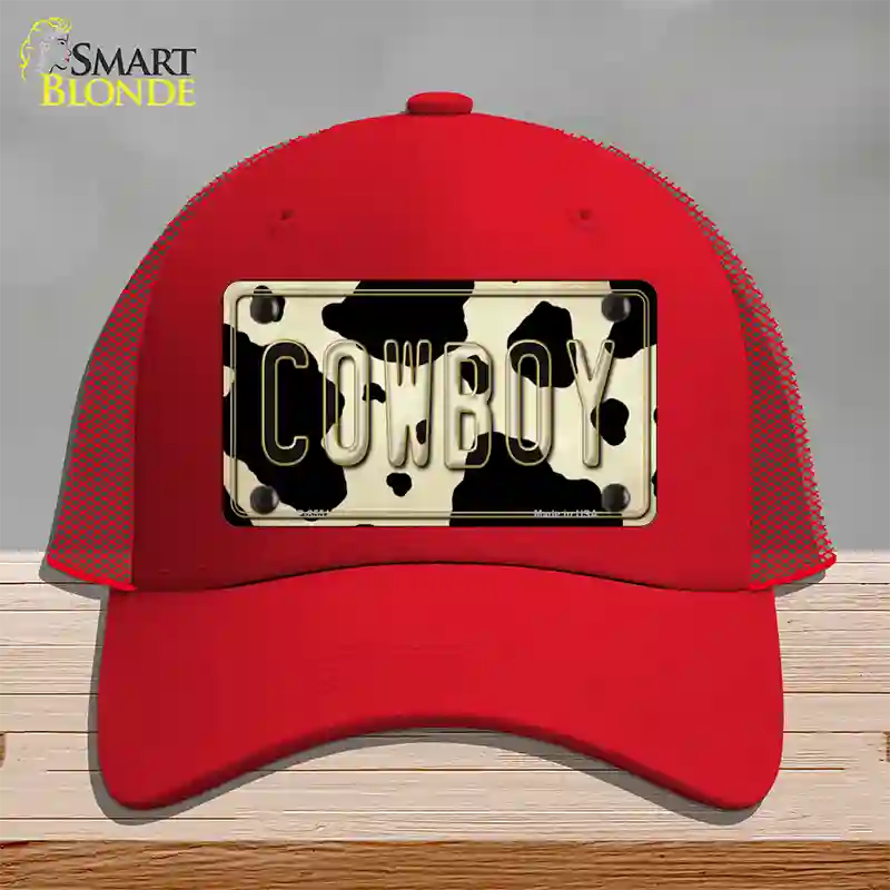 Cowboy Cow Novelty License Plate Hat Mesh / Red