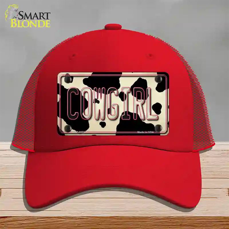 Cowgirl Cow Novelty License Plate Hat Mesh / Red