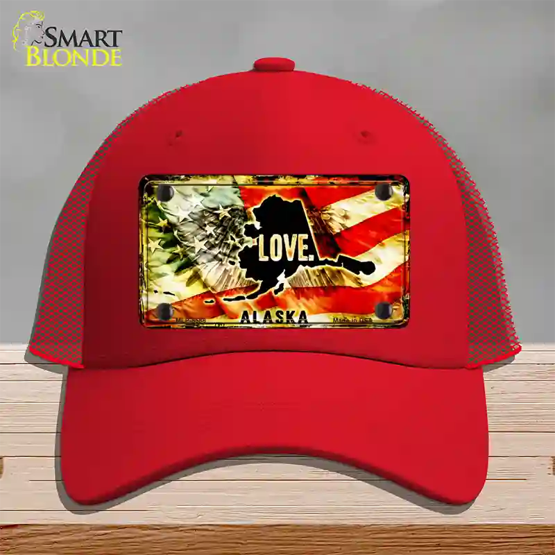 Alaska Love Novelty License Plate Hat Mesh / Red