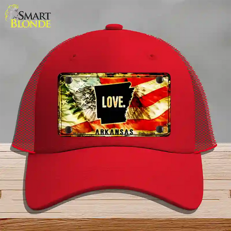 Arkansas Love Novelty License Plate Hat Mesh / Red