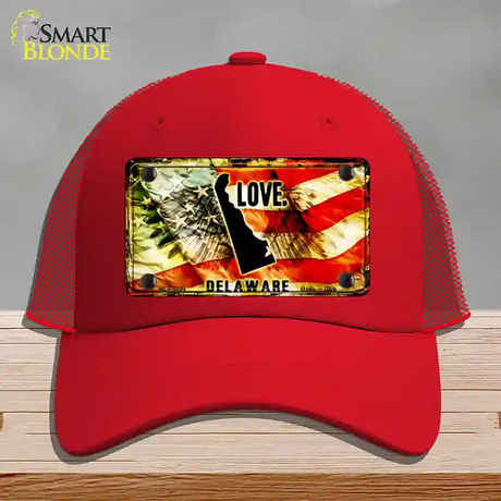 Delaware Love Novelty License Plate Hat Mesh / Red