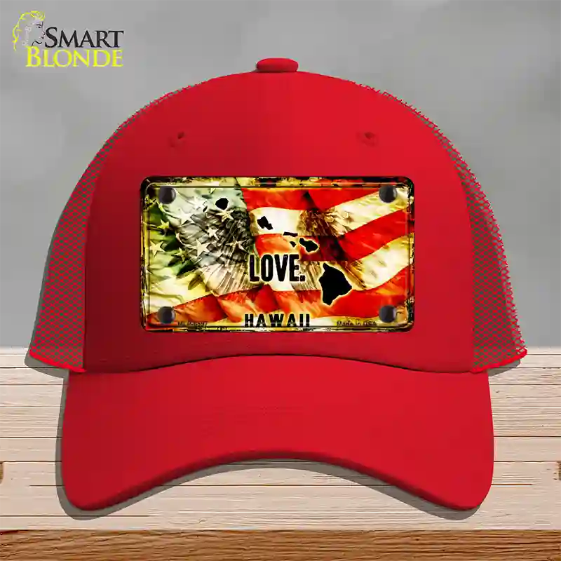 Hawaii Love Novelty License Plate Hat Mesh / Red