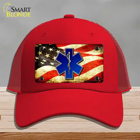 EMT Logo With USA Flag Novelty License Plate Hat Mesh / Red