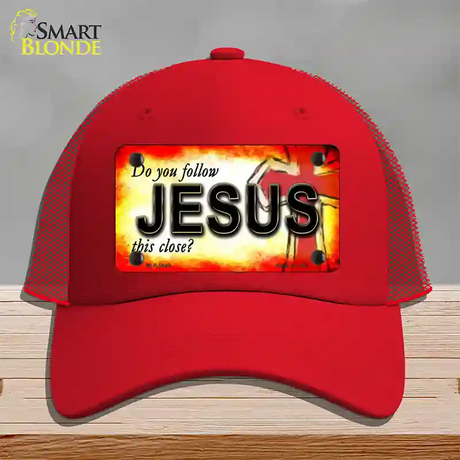 Follow Jesus This Close Novelty License Plate Hat Mesh / Red