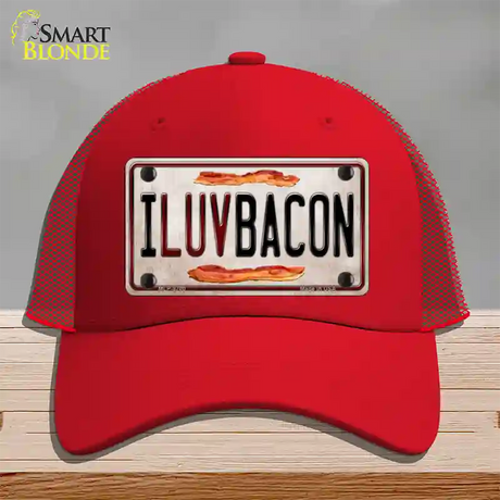 I Luv Bacon Novelty License Plate Hat Mesh / Red