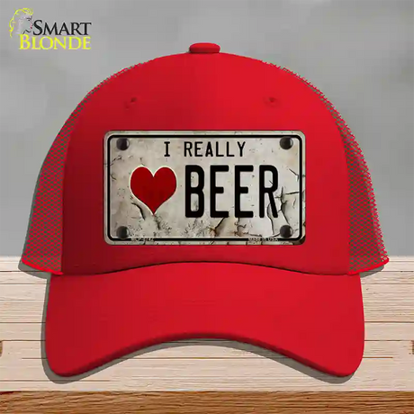 I Love Beer Novelty License Plate Hat Mesh / Red