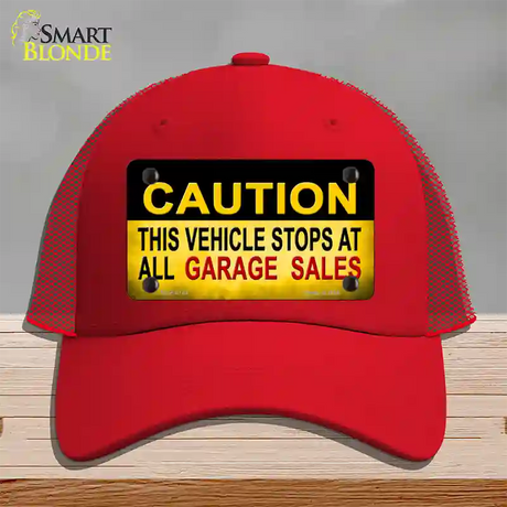 Caution Stops At Garage Sales Novelty License Plate Hat Mesh / Red