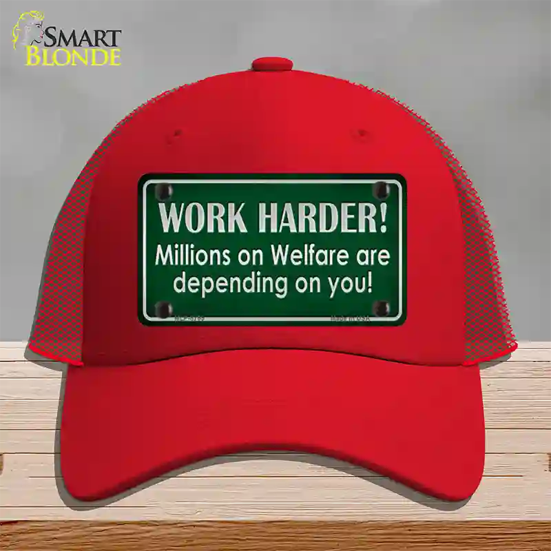 Work Harder Novelty License Plate Hat Mesh / Red