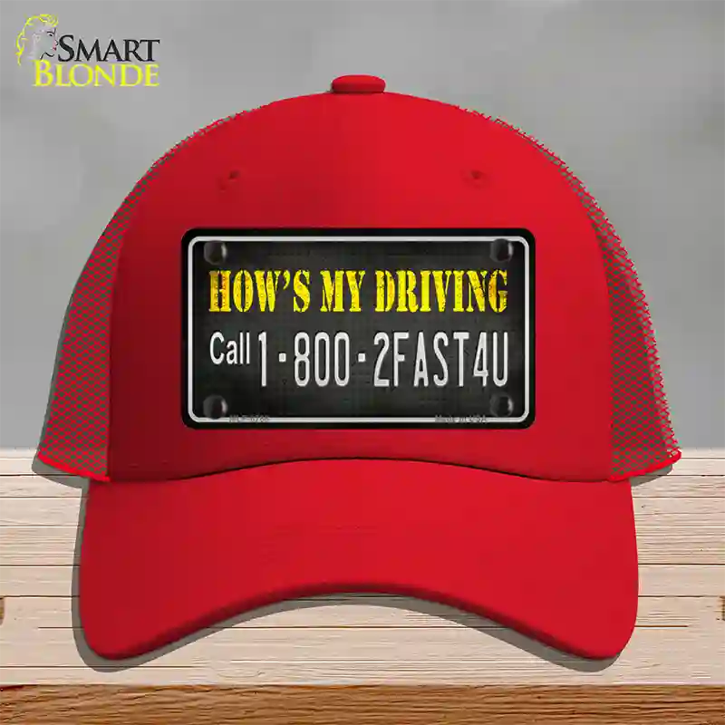 Hows My Driving Novelty License Plate Hat Mesh / Red