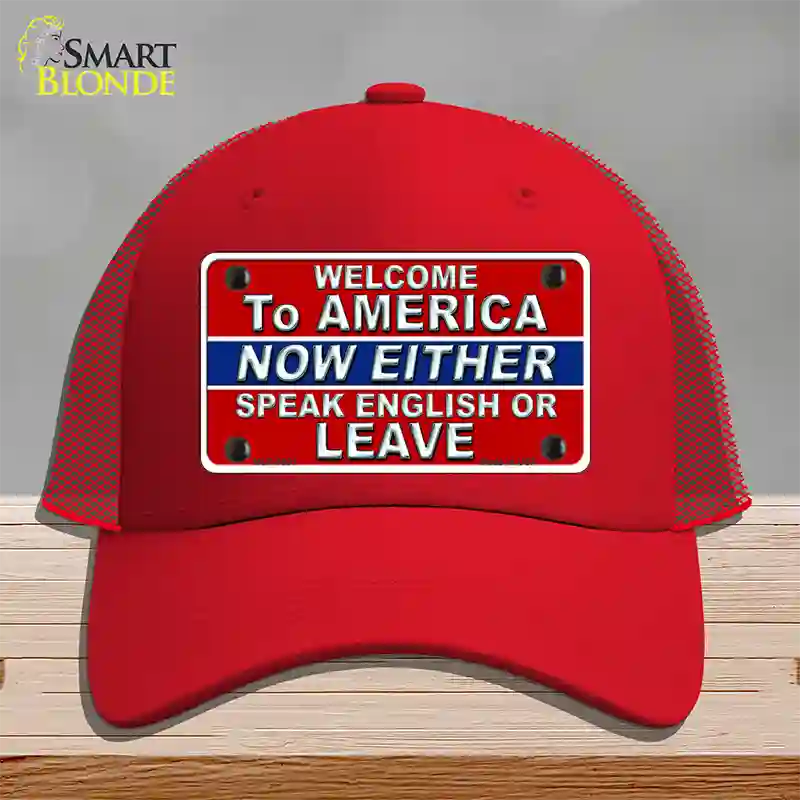 Speak English Or Leave Novelty License Plate Hat Mesh / Red