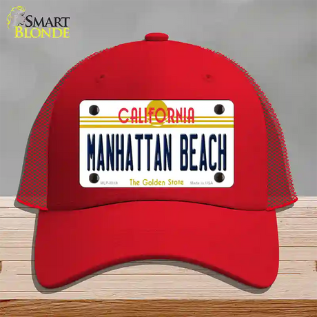 Manhattan Beach CA Novelty License Plate Hat Mesh / Red